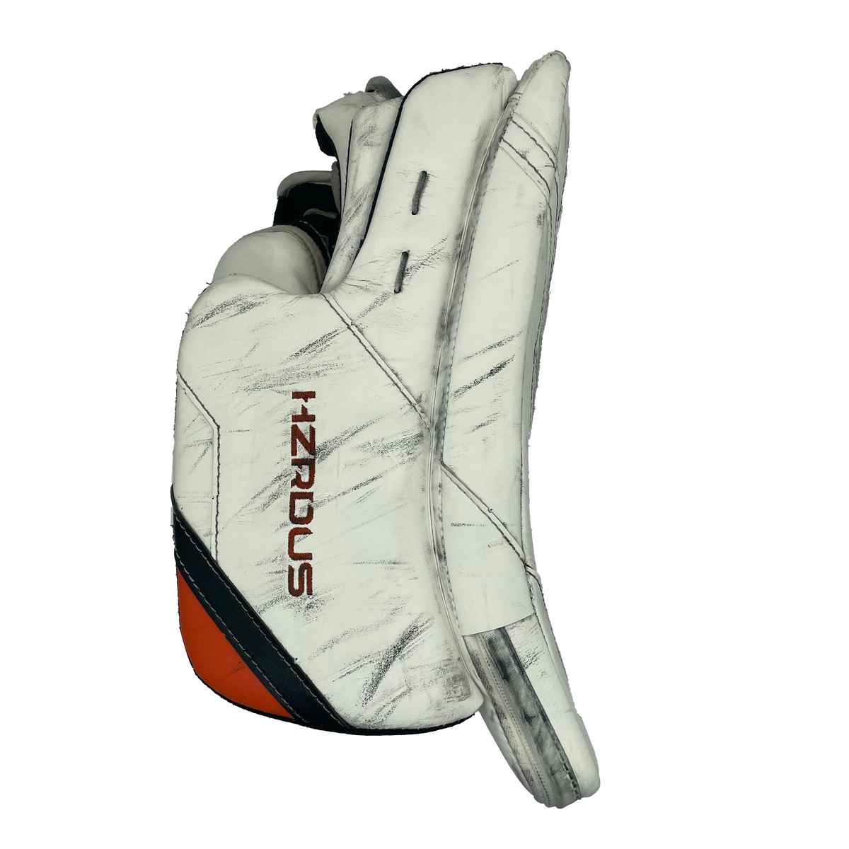  True HZRDUS PX4 - Used Pro Stock Goalie Blocker - Felix Sandström (White/Orange)