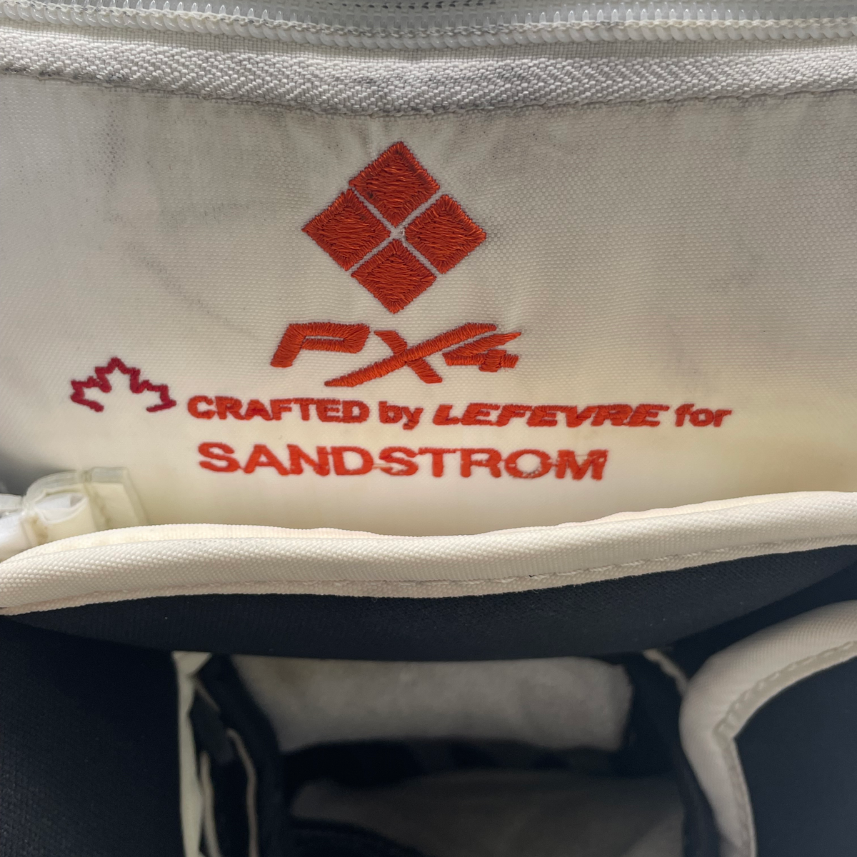  True HZRDUS PX4 - Used Pro Stock Goalie Blocker - Felix Sandström (White/Orange)