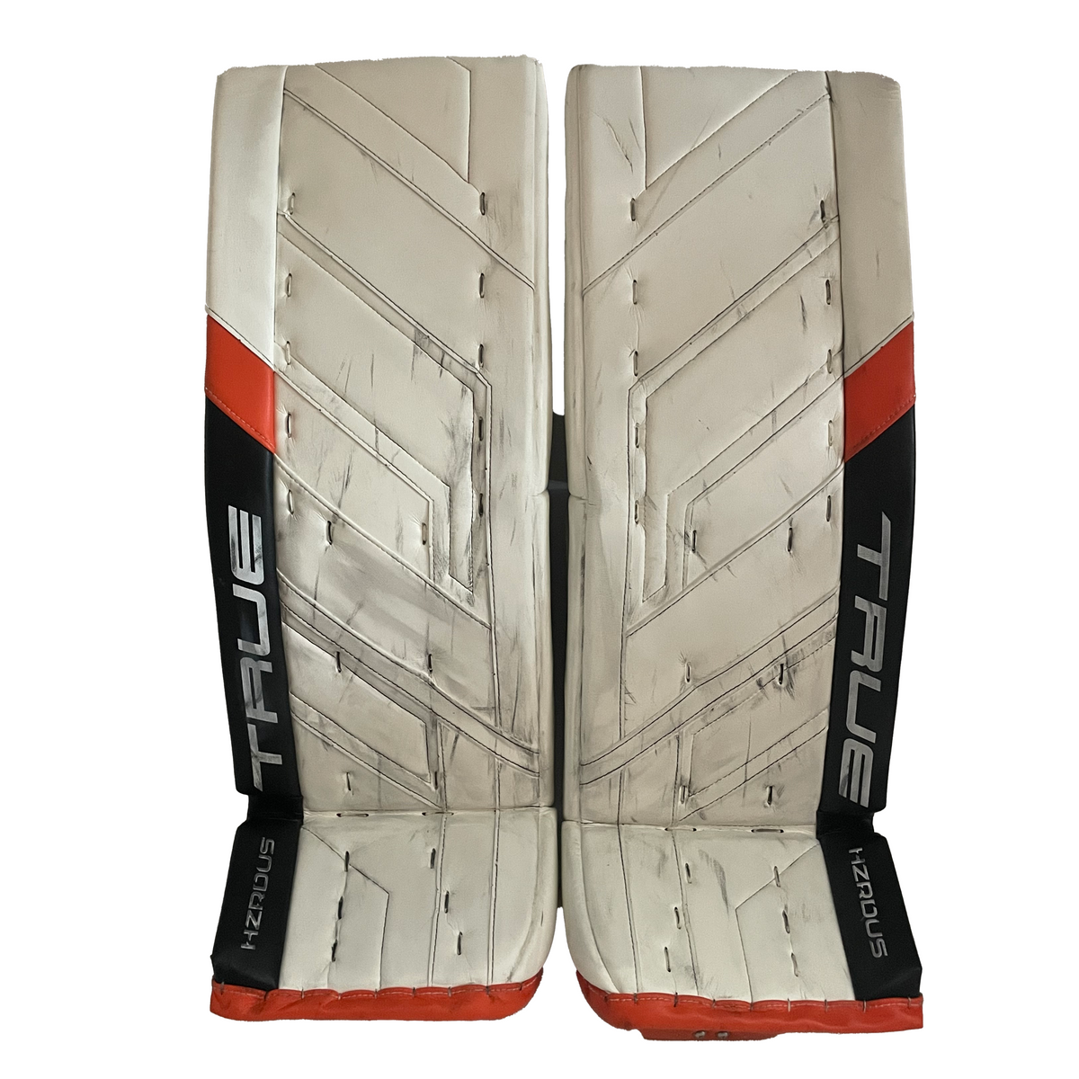  True HZRDUS PX4 - Used Pro Stock Goalie Pad Set - Felix Sandstrom - (White/Black/Orange)