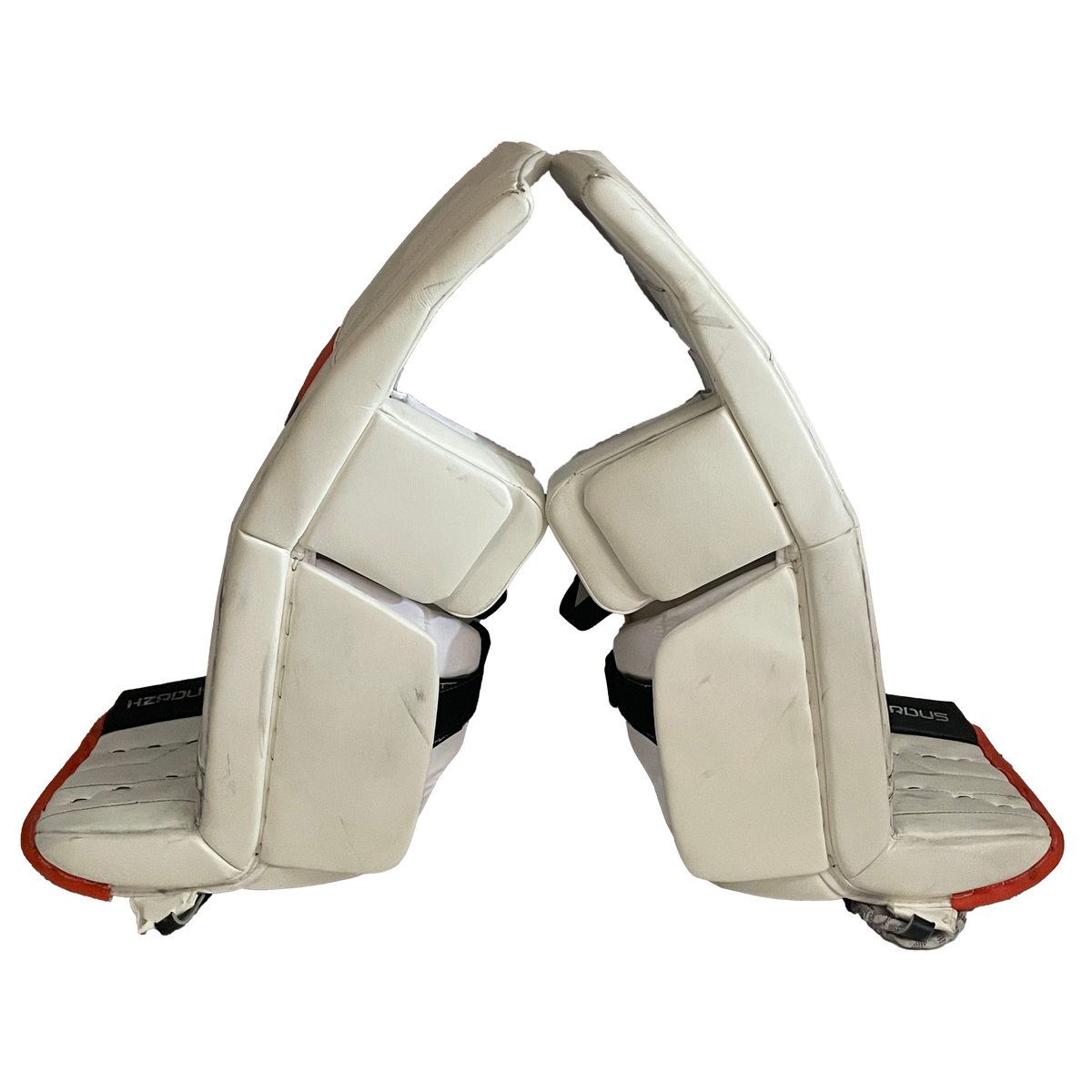  True HZRDUS PX4 - Used Pro Stock Goalie Pad Set - Felix Sandstrom - (White/Black/Orange)