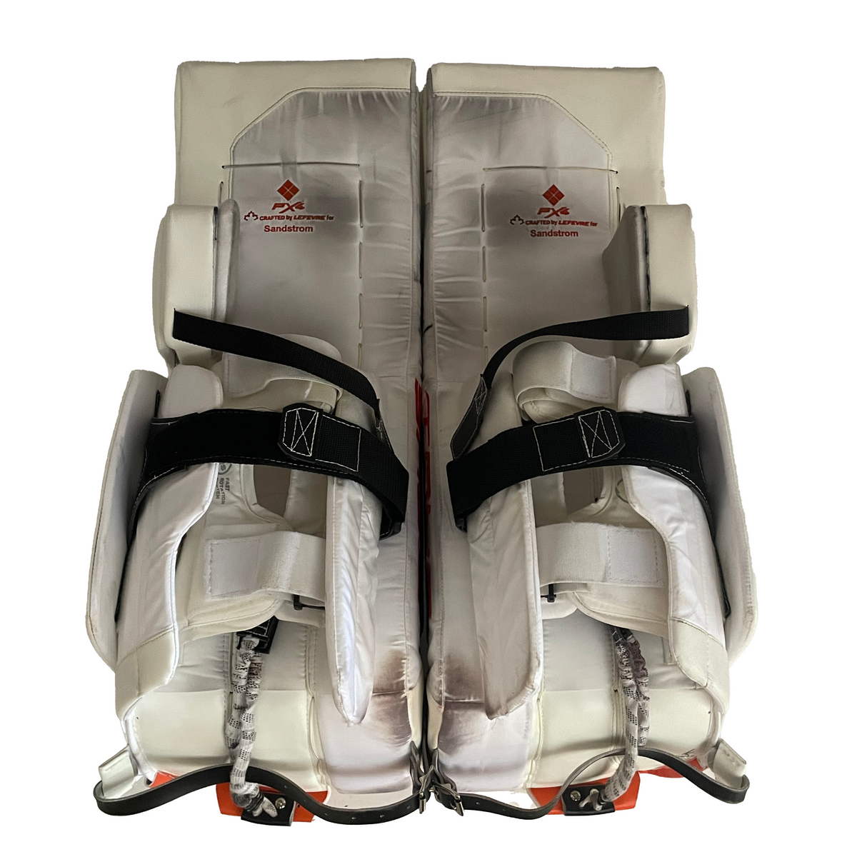  True HZRDUS PX4 - Used Pro Stock Goalie Pad Set - Felix Sandstrom - (White/Black/Orange)