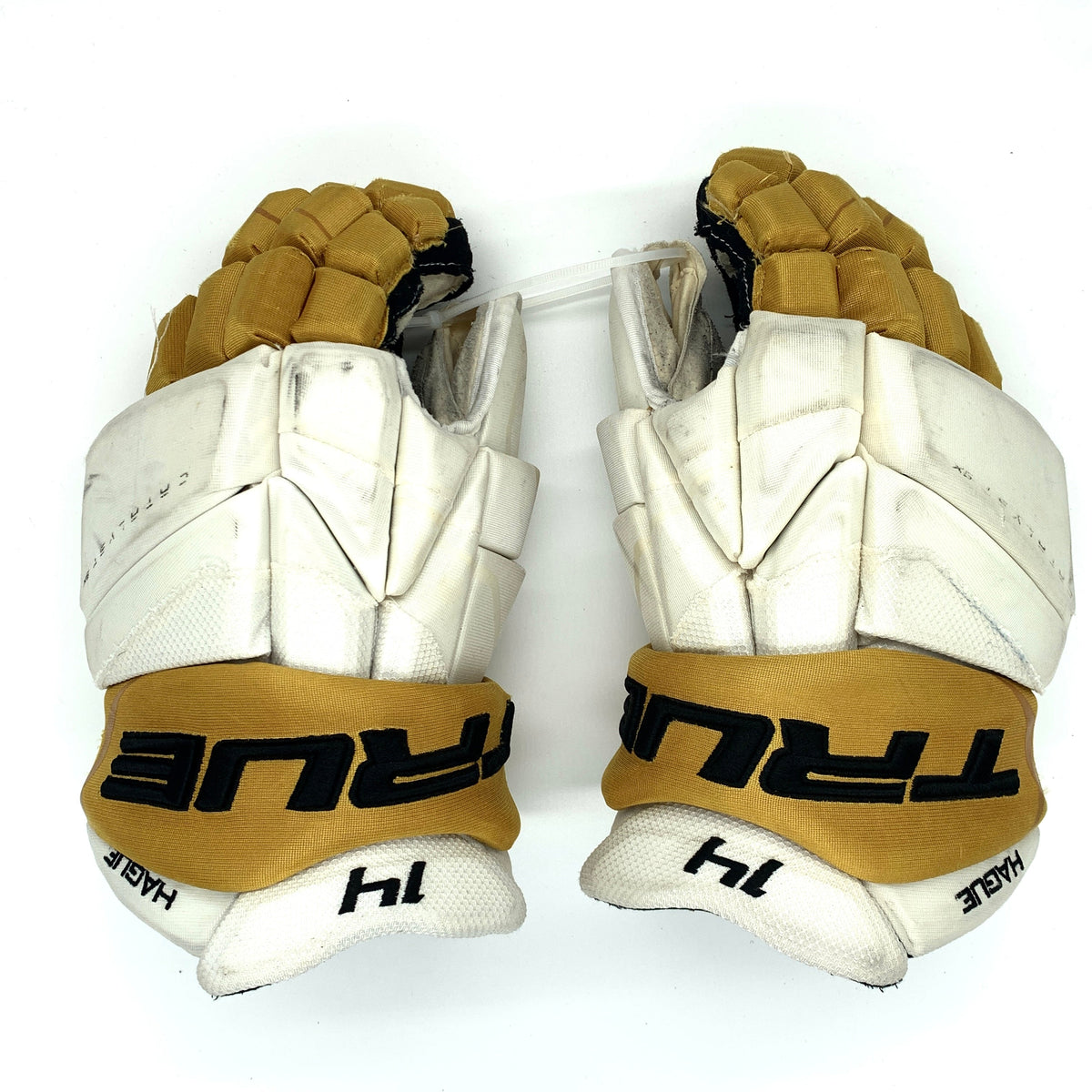  True Catalyst 9X - Used NHL Pro Stock Gloves - Vegas Golden Knights - Nicolas Hague (White/Gold)